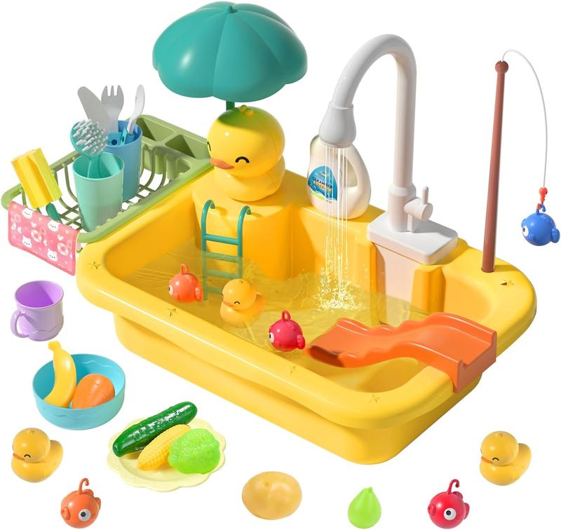 CUTE STONE Play Sink with Running Water, Kitchen Sink with Upgraded Electric Faucet, Play Kitchen , Realistic play food set learning cookingset