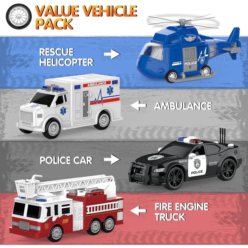 4 Packs Emergency Vehicle Toys with Lights and Siren Sound,Including Fire Truck, Ambulance Toy, Play Police Car and Toy Helicopter,Friction Powered Car Toys for Toddler Boys 3 4 5 6 Years Old