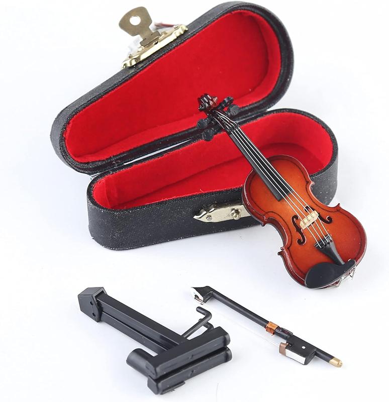 Wooden Miniature Violin with Stand Bow and Case Mini Musical Instrument Miniature Dollhouse Model Home Decoration (3.15