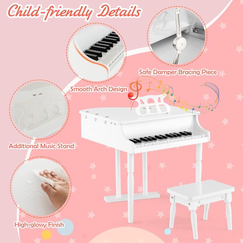 [ShopTab] Festival Joy 30-Key Classical Kids Piano, Mini Grand Piano Wooden Learn-to-Play Musical Instrument Toy with Bench, Piano Lid, Music Rack