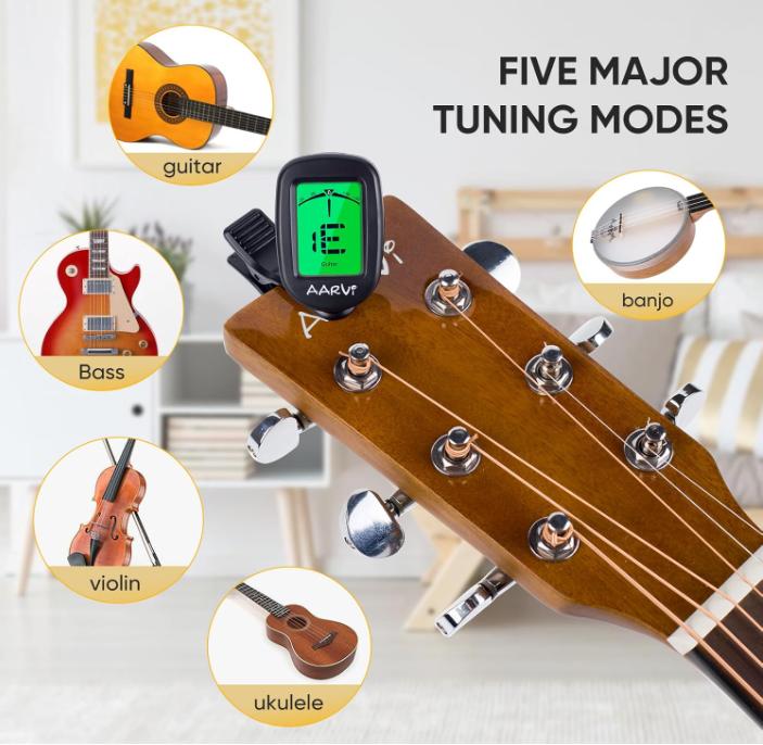 Clip On Guitar Tuner for All Instruments, Acoustic Electric Guitar, Ukulele, Bass, Violin, Banjo, Large Clear LCD Display for Guitar Tuning, Chromatic Tuner, 4 Pack Guitar Picks Included