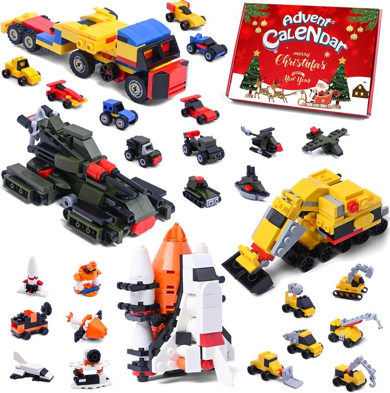 Christmas gift Advent Calendar 2024 – 24 Days Countdown with 6-in-1 Building Blocks for Trucks, Space, Military, Racing Cars & More – Holiday Gifts