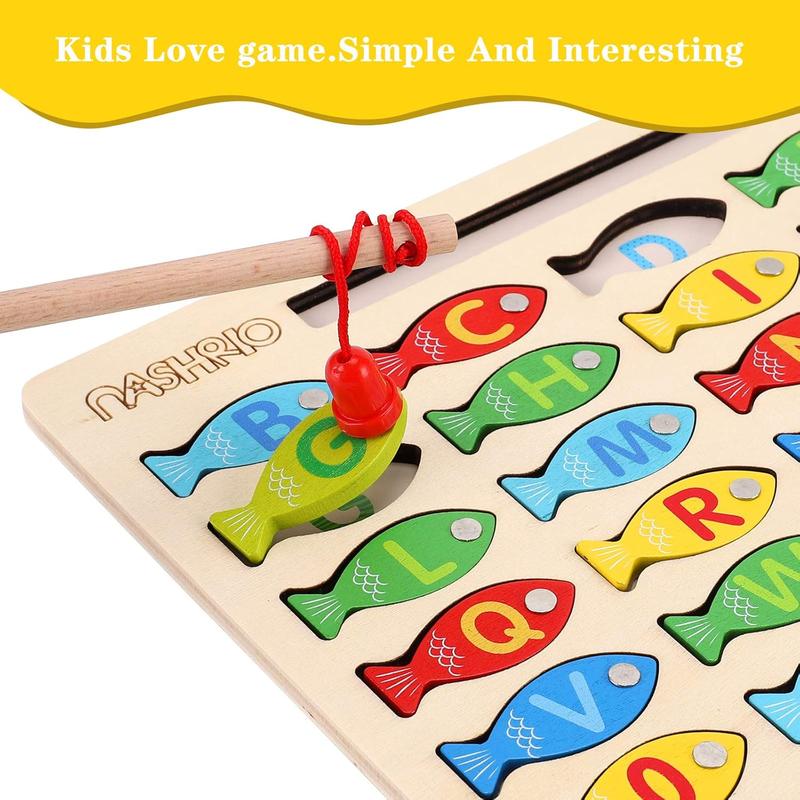 Magnetic Wooden Fishing Game Toy for Toddlers, Alphabet Fish Catching Counting Games Puzzle with Numbers and Letters, Preschool Learning ABC Math Educational Toys 3 4 5 Years Old Girl Boy Kids