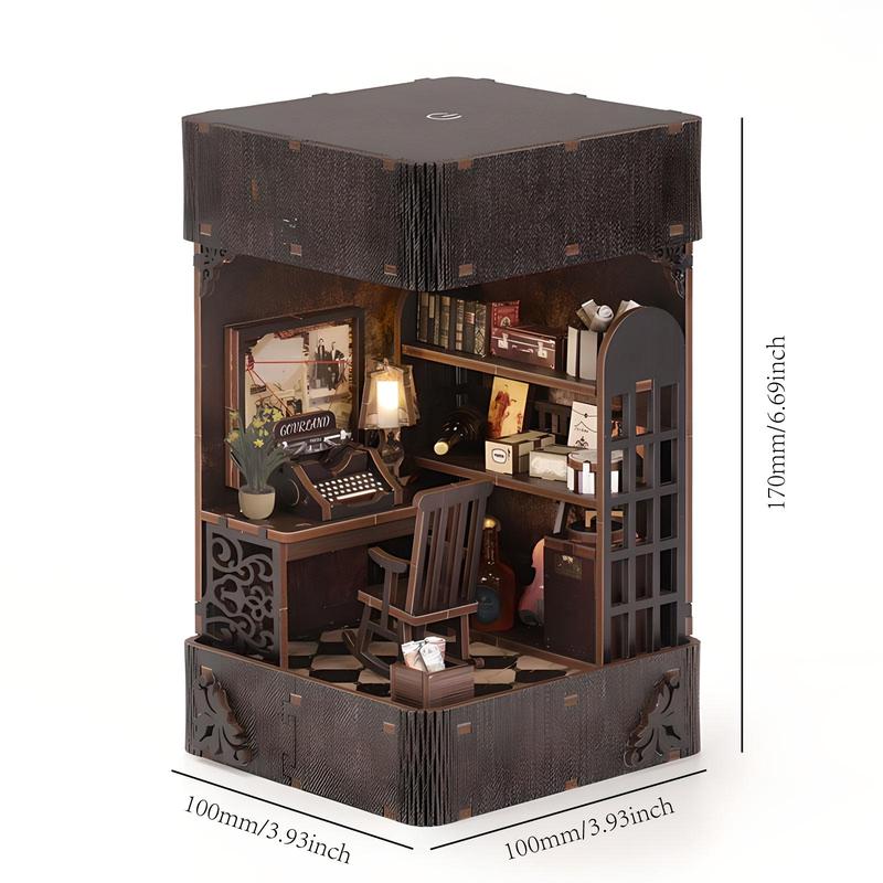 Handmade DIY Book Corner Cabin Set, Miniature Detective Society Puzzle Bookstand, 3D Wooden Bookshelf Decoration, LED Mini House Model Without Glue & AAA Battery, Stocking Fillers Gift