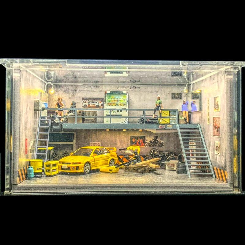 Diorama 1 64 Car Garage Model LED Lighting Double Decker Car Repair Workshop Model Parking Lot Backdrop Display Scene Model Collection Toy Gift