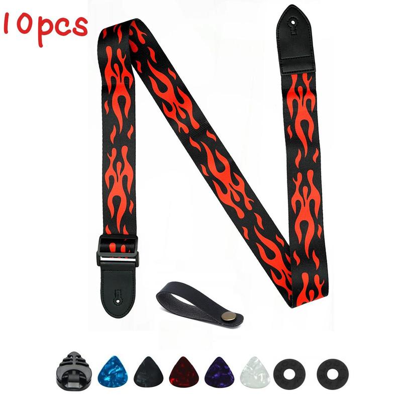 Guitar Strap Set(10pcs), Flame Pattern Guitar Strap, Soft Guitar Strap, Electric & Acoustic Guitar Strap, Music Accessories for Guitar