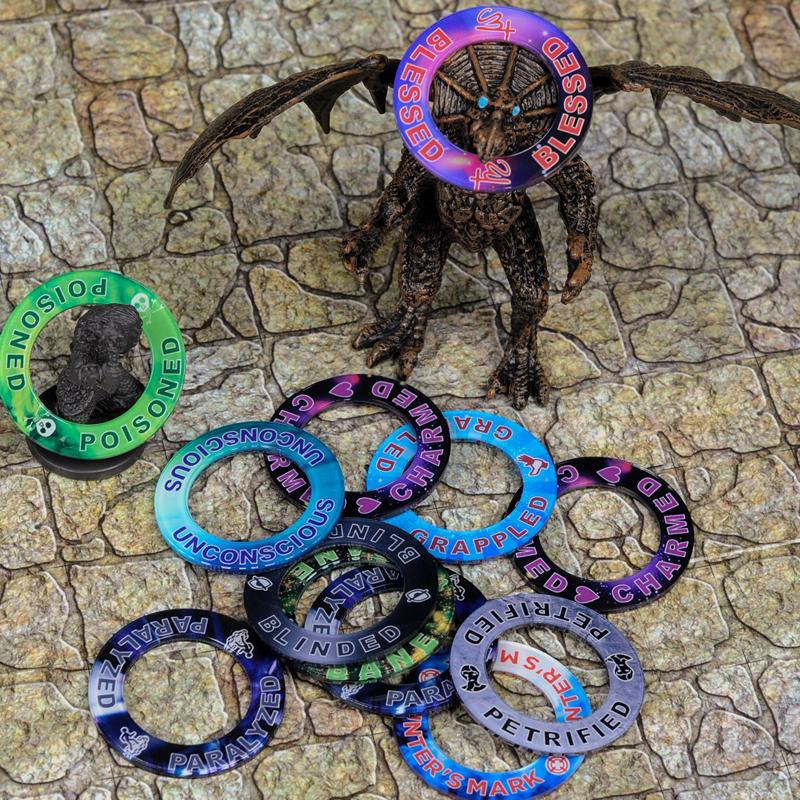 Upgraded DND Condition Rings 96 Status Effect Markers with Color Printing in 24 Conditions & Spells, and with Magic Book Storage Box Ideal Tabletop RPG Gift for DM or Player