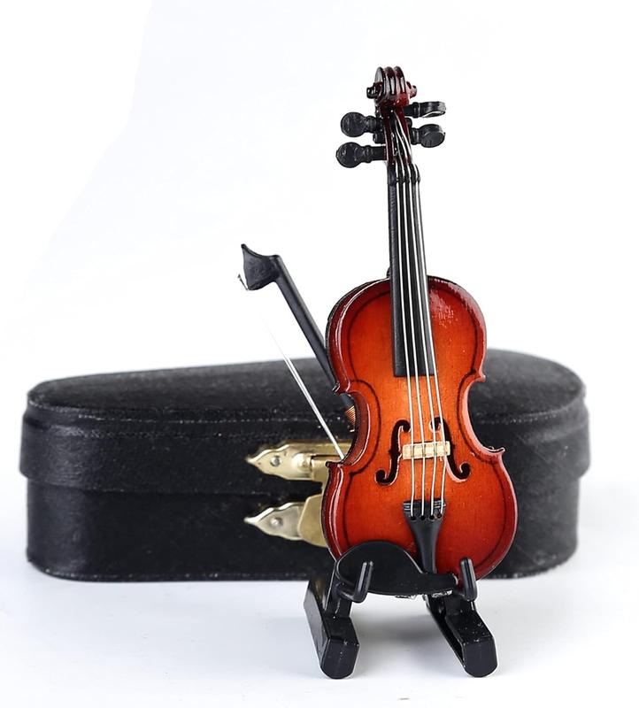 Wooden Miniature Violin with Stand Bow and Case Mini Musical Instrument Miniature Dollhouse Model Home Decoration (3.15