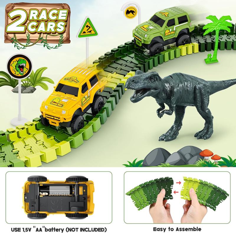 Dinosaur Tracks, 271 count Create A Dinosaur World Road Race for Kids Boys Toys Flexible Train Tracks Set with 2 Cool Race Cars and 2 Dinosaur Toys for Age 3 4 5 6 7 8 Year & Up Old Boy Girls Best Gift