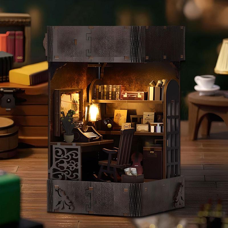 Handmade DIY Book Corner Cabin Set, Miniature Detective Society Puzzle Bookstand, 3D Wooden Bookshelf Decoration, LED Mini House Model Without Glue & AAA Battery, Stocking Fillers Gift