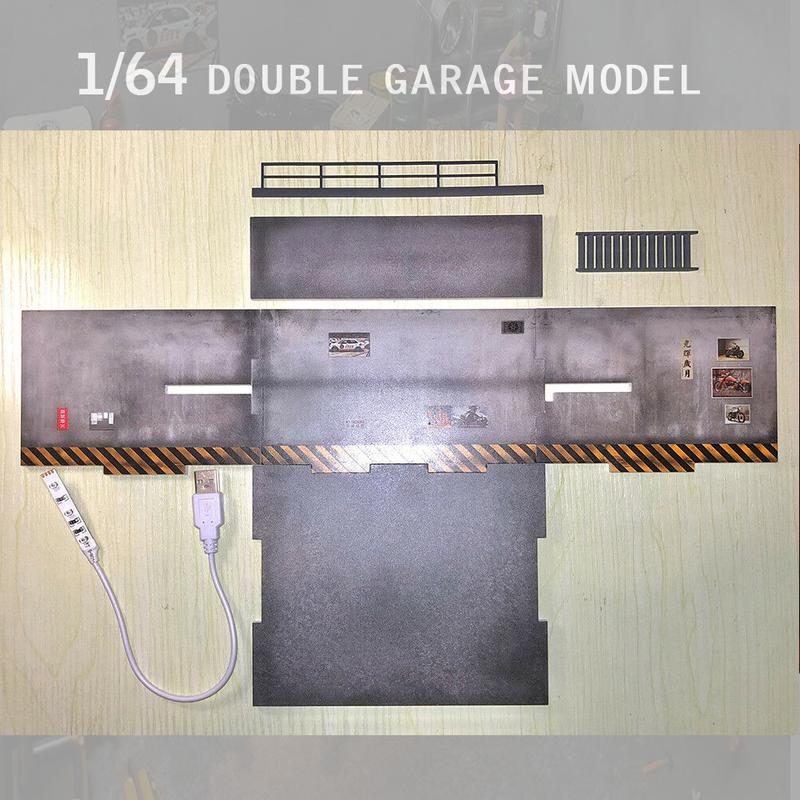 Diorama 1 64 Car Garage Model LED Lighting Double Decker Car Repair Workshop Model Parking Lot Backdrop Display Scene Model Collection Toy Gift