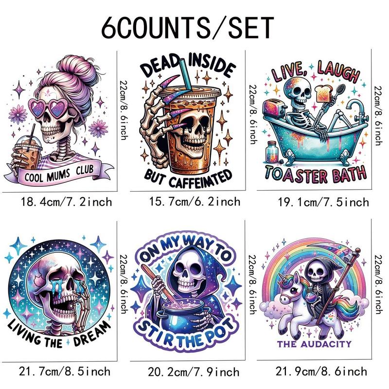 Cartoon Skull Pattern Heat Transfer Sticker, 6 Counts set Transparent Heat Transfer Sticker, DIY Decoration for T-shirt, Jacket, Jeans