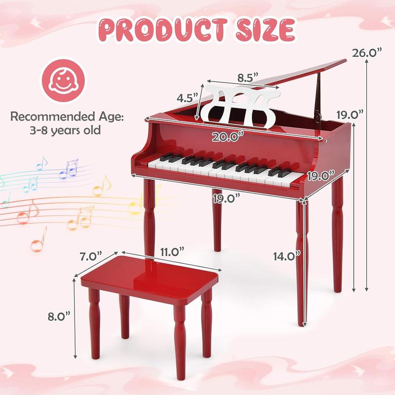 [ShopTab] Festival Joy 30-Key Classical Kids Piano, Mini Grand Piano Wooden Learn-to-Play Musical Instrument Toy with Bench, Piano Lid, Music Rack