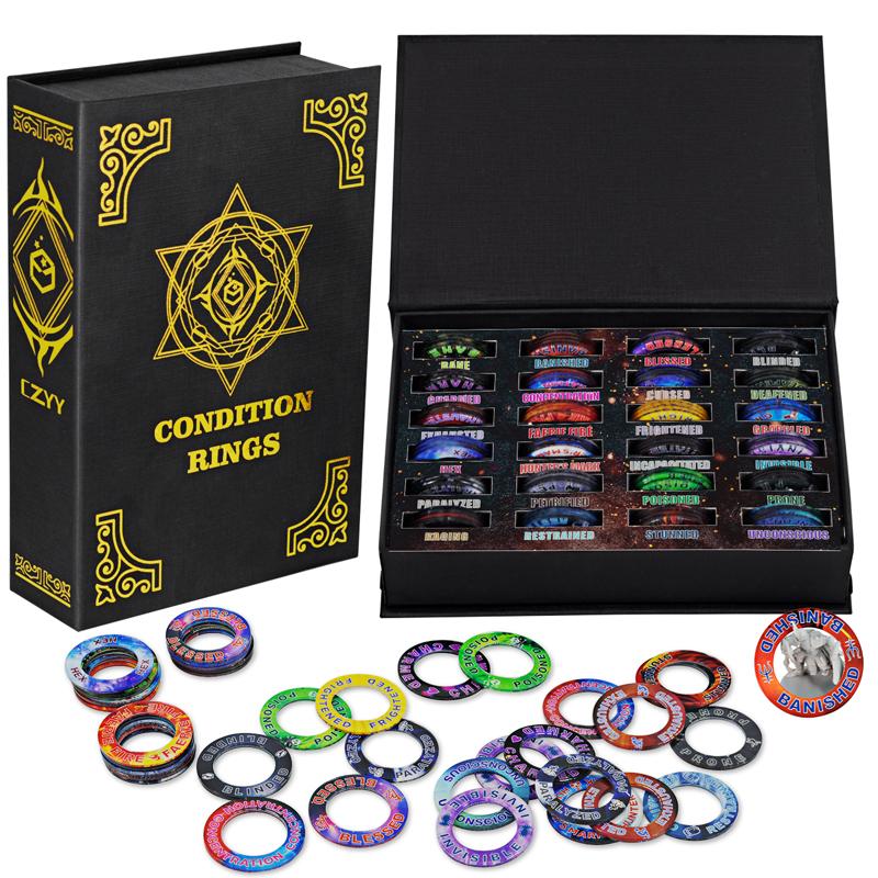 Upgraded DND Condition Rings 96 Status Effect Markers with Color Printing in 24 Conditions & Spells, and with Magic Book Storage Box Ideal Tabletop RPG Gift for DM or Player