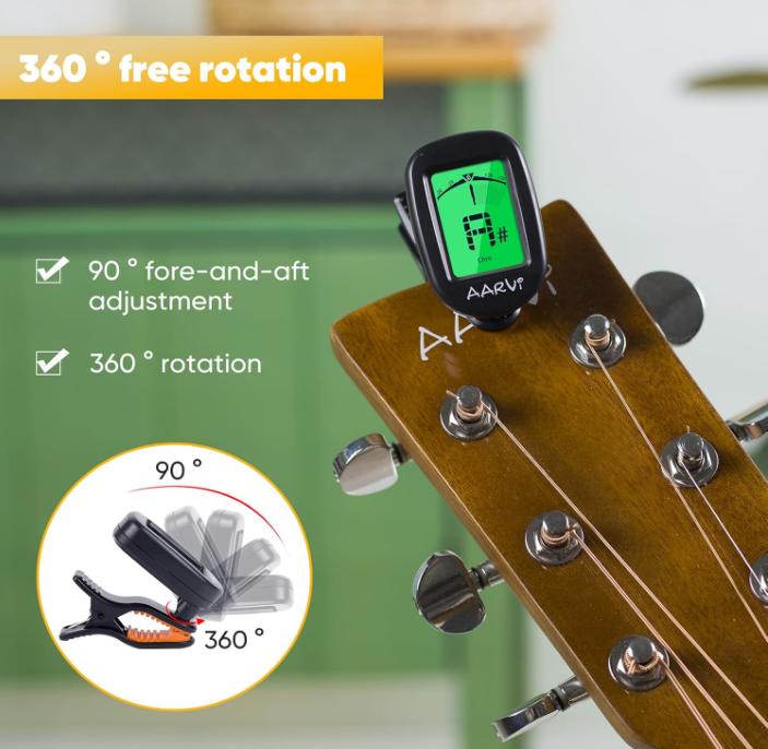 Clip On Guitar Tuner for All Instruments, Acoustic Electric Guitar, Ukulele, Bass, Violin, Banjo, Large Clear LCD Display for Guitar Tuning, Chromatic Tuner, 4 Pack Guitar Picks Included