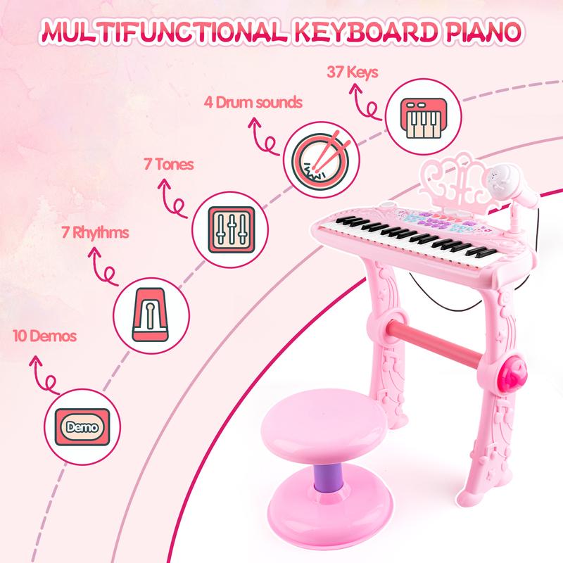 M SANMERSEN Kids Piano Keyboard Toys for Girls 37 Keys Piano for Kids with Stool and Microphone Electronic Keyboards Musical Educational Toys Birthday Gifts for Girls