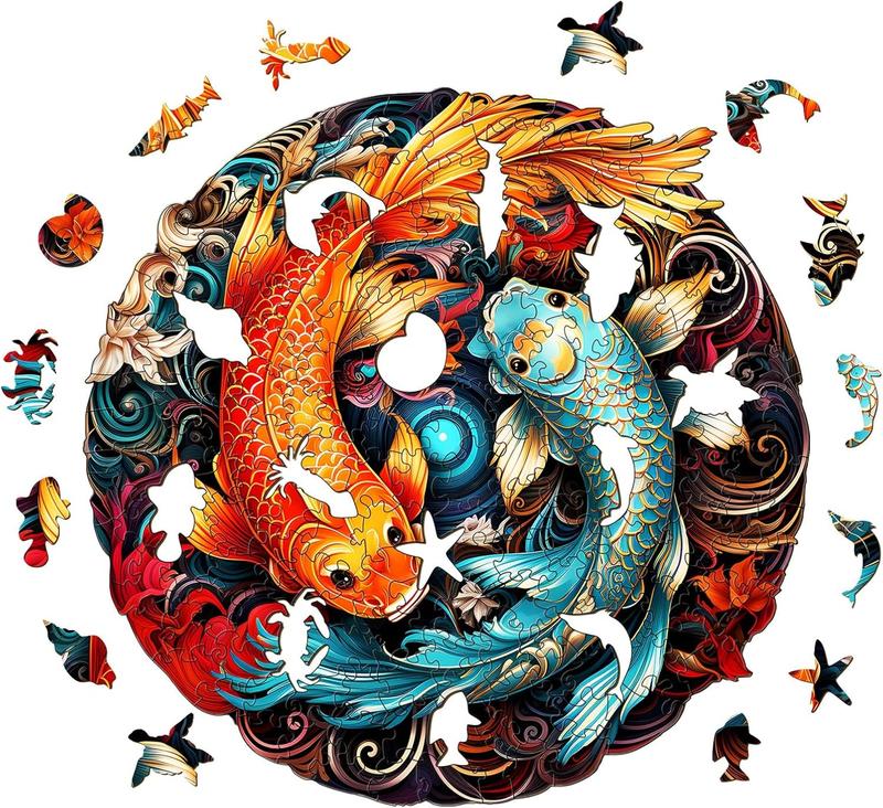 Wooden Puzzles for Adults, 185 count, Yin-Yang Fish Unique Shape Advanced Animal Wooden Puzzle, Wooden Jigsaw Puzzles, Creative Gifts for Adults, Wooden Puzzles 11.4x11.2 Inch