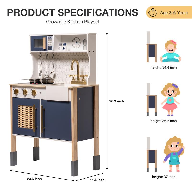 ROBUD Play Kitchen, Wooden Kids Kitchen Playset, Pretend Play Kitchen Cooking Set Toys for Toddlers, Gift for Boys & Girls 3+