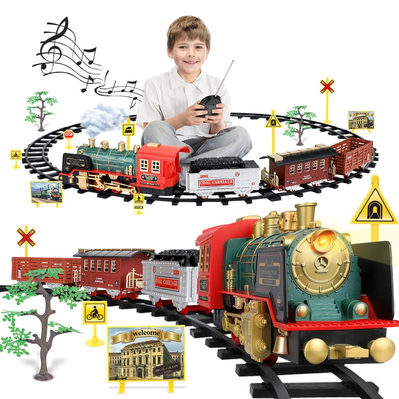 Christmas Electric Train Set w Steam, Sound & Light, Remote Control Train Toys w Steam Locomotive Engine,Toy Train for Kids Boys 3+ Year Old