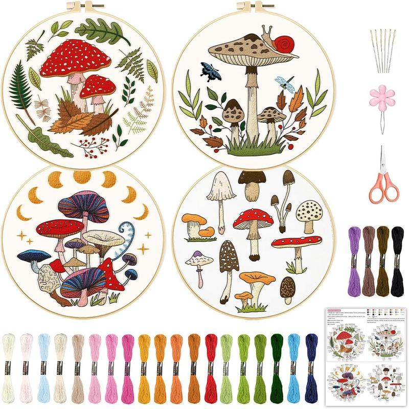 Mushroom Pattern Embroidery Kit, 4 Counts set Colorful Cute Pattern Embroidery Cloth & Sewing Tool, DIY Embroidery Kit for Beginners & Handmade Lovers