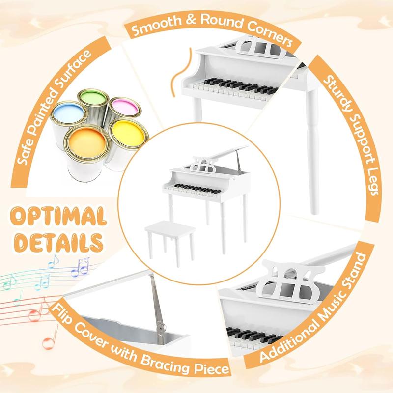 [ShopTab] Festival Joy 30-Key Classical Kids Piano, Mini Grand Piano Wooden Learn-to-Play Musical Instrument Toy with Bench, Piano Lid, Music Rack