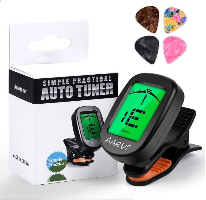 Clip On Guitar Tuner for All Instruments, Acoustic Electric Guitar, Ukulele, Bass, Violin, Banjo, Large Clear LCD Display for Guitar Tuning, Chromatic Tuner, 4 Pack Guitar Picks Included