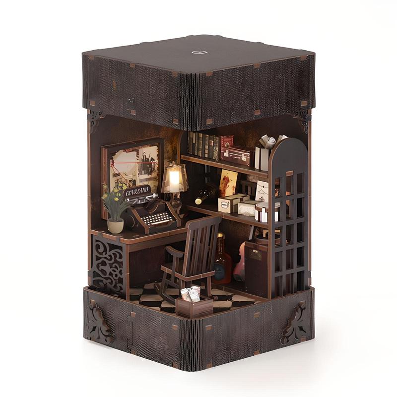 Handmade DIY Book Corner Cabin Set, Miniature Detective Society Puzzle Bookstand, 3D Wooden Bookshelf Decoration, LED Mini House Model Without Glue & AAA Battery, Stocking Fillers Gift