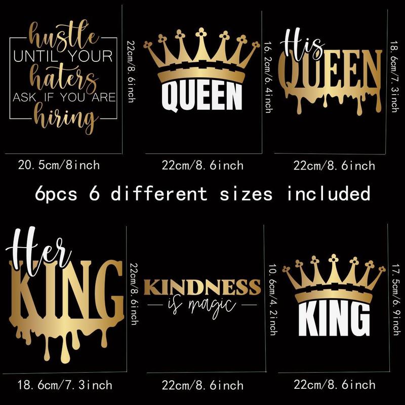 6pcs Crown Letter Pattern Heat Transfer Sticker For Clothes, Heat Press Sticker, Heat Transfer Vinyl, DIY Decoration Thermal Sticker For T-shirt, Hoodie, Jacket, Jeans, Bags, Vests, Hats And Backpack