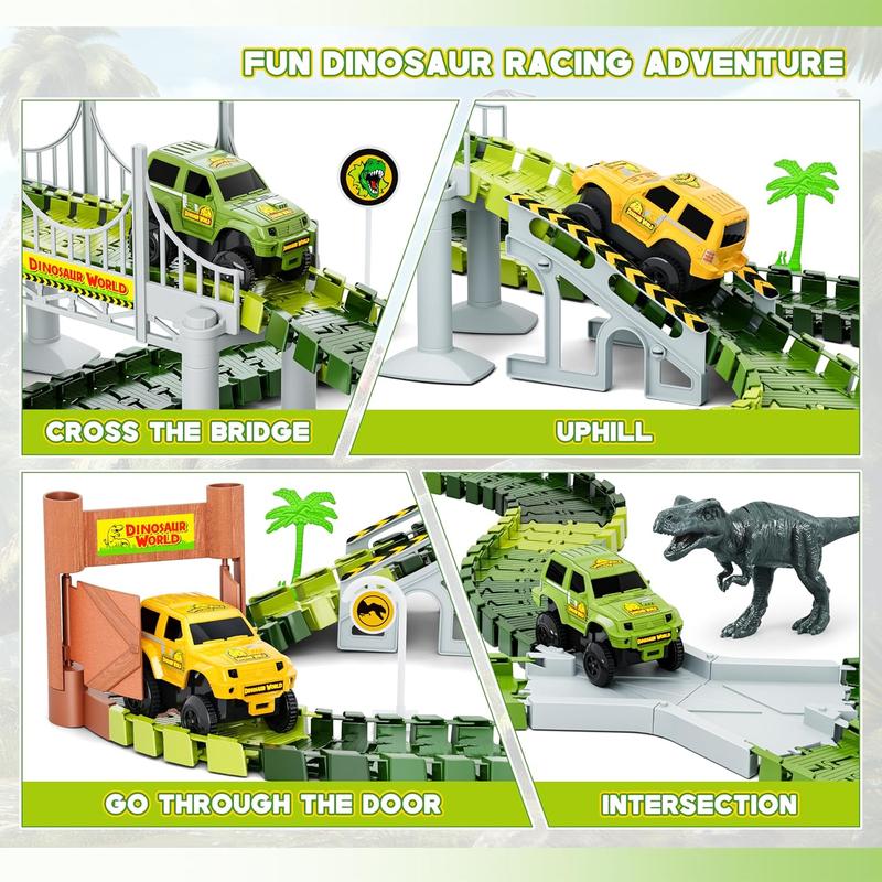 Dinosaur Tracks, 271 count Create A Dinosaur World Road Race for Kids Boys Toys Flexible Train Tracks Set with 2 Cool Race Cars and 2 Dinosaur Toys for Age 3 4 5 6 7 8 Year & Up Old Boy Girls Best Gift