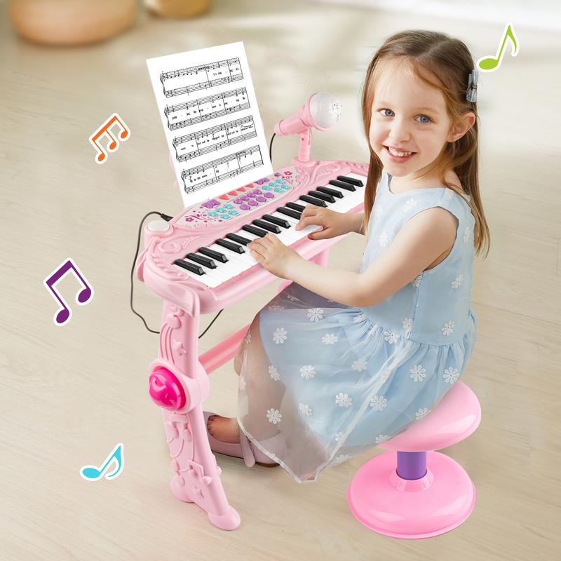 M SANMERSEN Kids Piano Keyboard Toys for Girls 37 Keys Piano for Kids with Stool and Microphone Electronic Keyboards Musical Educational Toys Birthday Gifts for Girls