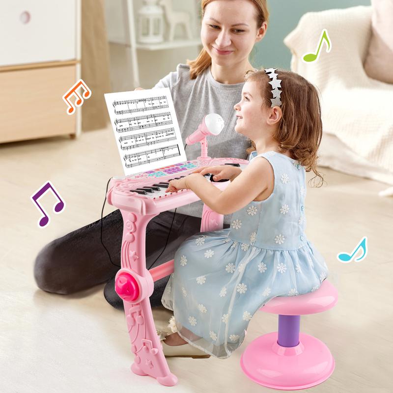 M SANMERSEN Kids Piano Keyboard Toys for Girls 37 Keys Piano for Kids with Stool and Microphone Electronic Keyboards Musical Educational Toys Birthday Gifts for Girls