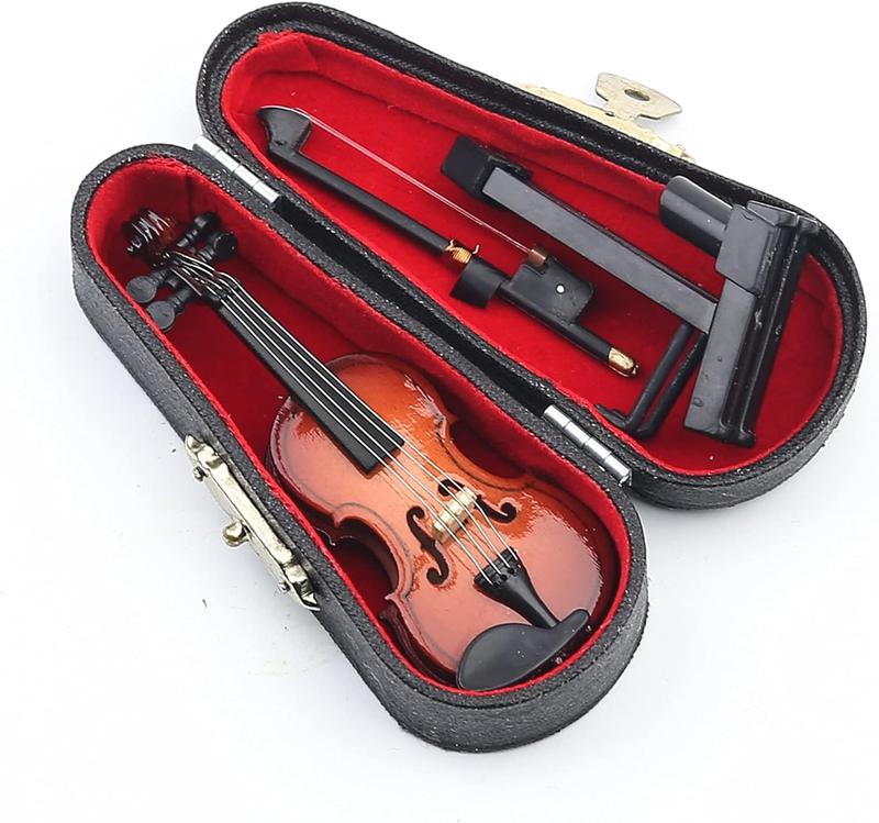 Wooden Miniature Violin with Stand Bow and Case Mini Musical Instrument Miniature Dollhouse Model Home Decoration (3.15