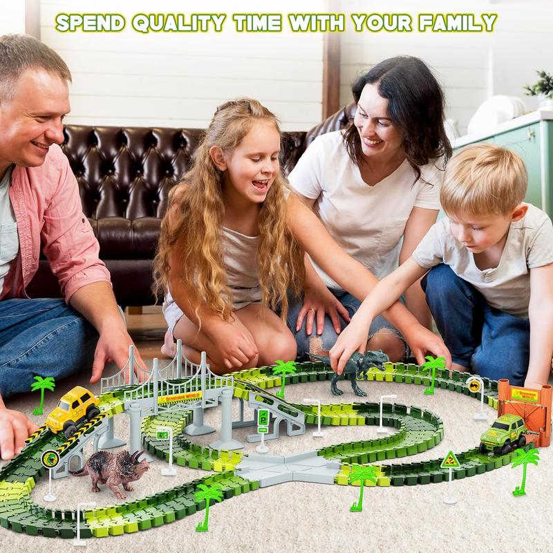 Dinosaur Tracks, 271 count Create A Dinosaur World Road Race for Kids Boys Toys Flexible Train Tracks Set with 2 Cool Race Cars and 2 Dinosaur Toys for Age 3 4 5 6 7 8 Year & Up Old Boy Girls Best Gift