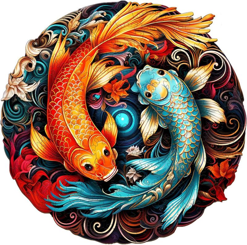 Wooden Puzzles for Adults, 185 count, Yin-Yang Fish Unique Shape Advanced Animal Wooden Puzzle, Wooden Jigsaw Puzzles, Creative Gifts for Adults, Wooden Puzzles 11.4x11.2 Inch