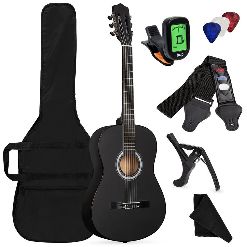 38in Beginner Acoustic Guitar Starter Kit w  Gig Bag, Strap, Strings - Matte Black, Light Blue, Dark Brown - SUNSET INSTRUMENTS