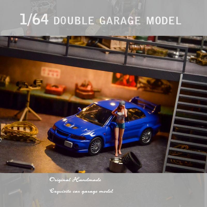 Diorama 1 64 Car Garage Model LED Lighting Double Decker Car Repair Workshop Model Parking Lot Backdrop Display Scene Model Collection Toy Gift