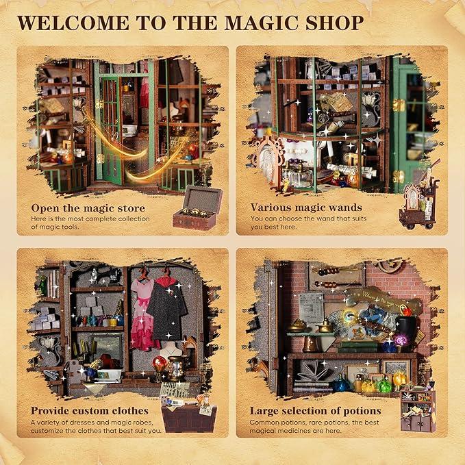 TOKMOC DIY Magic House Miniature Dollhouse Book Nook Kit, 3D Wooden Puzzle Mini House Booknook Bookend,Bookshelf Decor with Lighting, Magic Wand Shop Model,Christmas Birthday Gifts For aged 12 and above,Stress relief toy