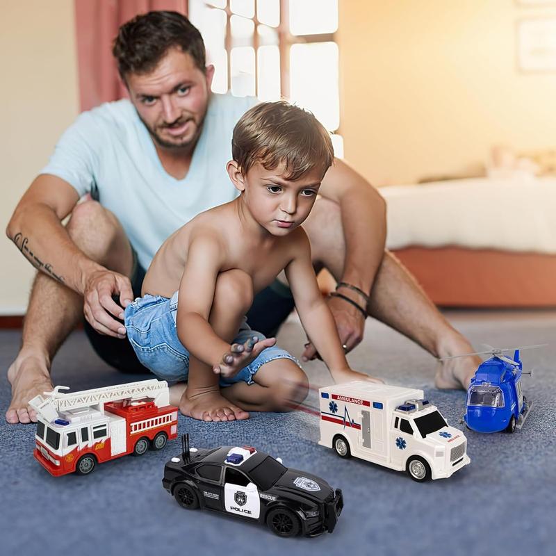 4 Packs Emergency Vehicle Toys with Lights and Siren Sound,Including Fire Truck, Ambulance Toy, Play Police Car and Toy Helicopter,Friction Powered Car Toys for Toddler Boys 3 4 5 6 Years Old