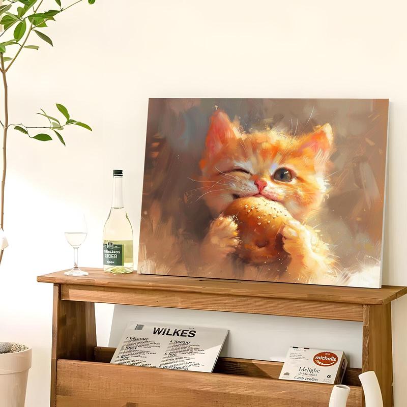 Cat Eating Bread Pattern DIY Painting By Numbers Kit, 1 Set DIY Paint By Numbers Kit, Wall Art Decoration for Home Living Room Bedroom