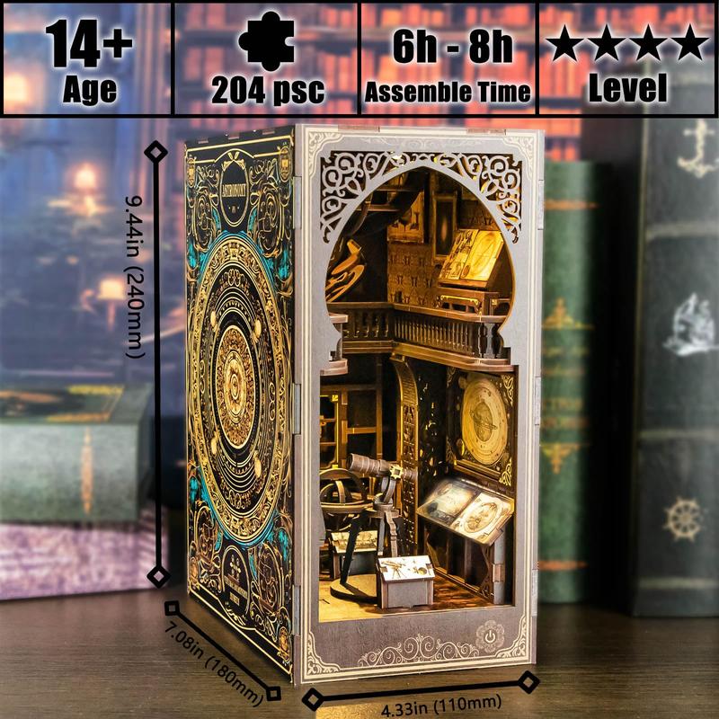 Simulation Astronomical Museum DIY Wooden Book Nook Kit with LED Light, 1 Set 3D Wooden Book Nook Kit, Suitable for Adults and Teens Gift