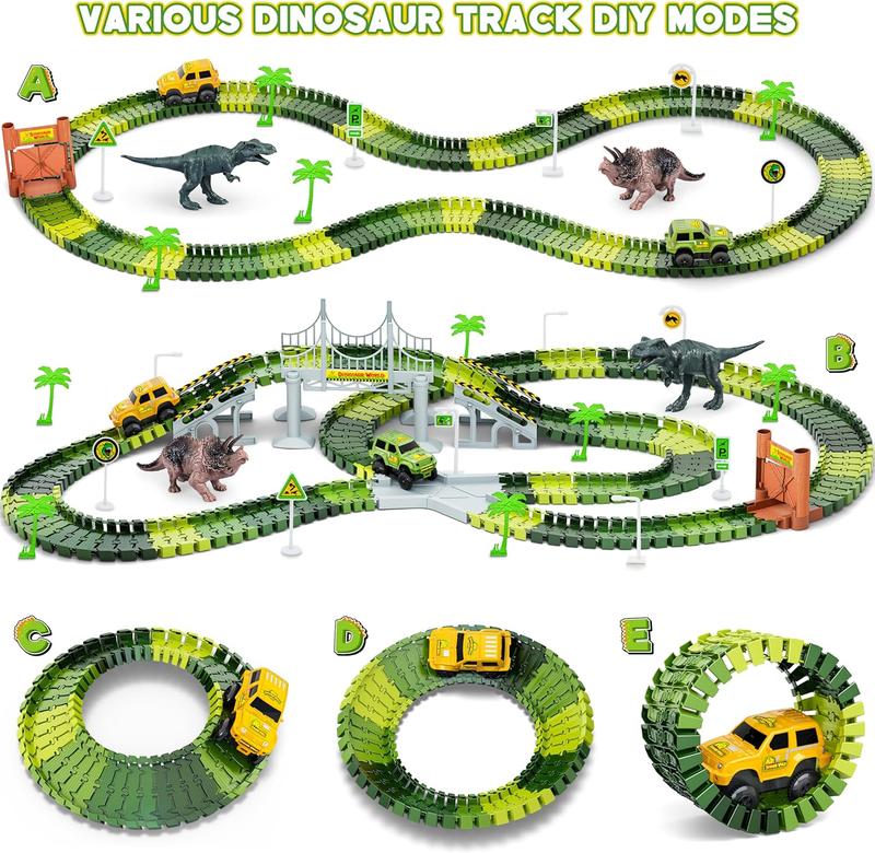 Dinosaur Tracks, 271 count Create A Dinosaur World Road Race for Kids Boys Toys Flexible Train Tracks Set with 2 Cool Race Cars and 2 Dinosaur Toys for Age 3 4 5 6 7 8 Year & Up Old Boy Girls Best Gift