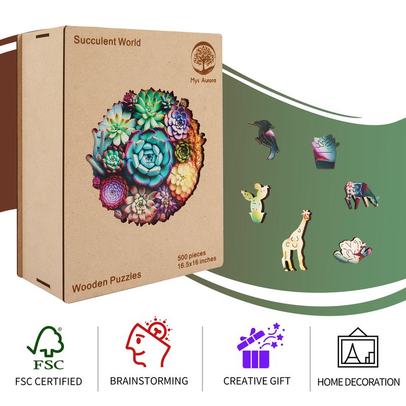 Mys Aurora Wooden Jigsaw Puzzle Succulent World 80 200 300 500 Pcs Unique Shape Wood Box Packing Creative Gift for Adults and Kids Fun Challenging Family Game for Parents Grandparents Brainstorm