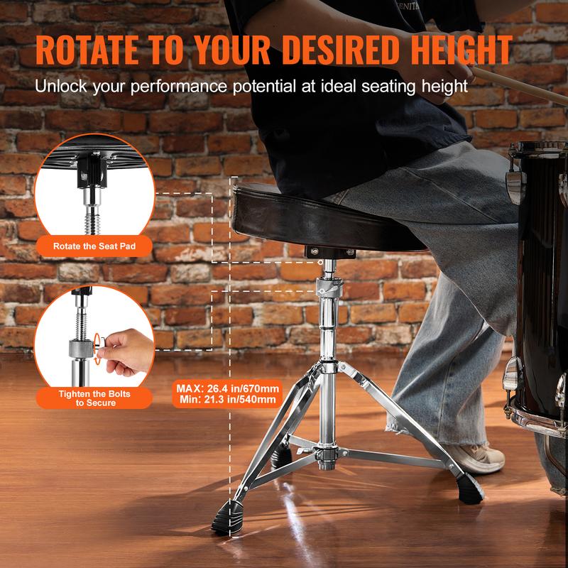 VEVOR Drum Seat, Adjustable Height 21.3-26.4 in   540-670 mm, Comfortable Padded Stool with Non-Slip Feet & 5A Drumsticks, Supports up to 500 lbs   227 kg, Rotatable Drumming Chair