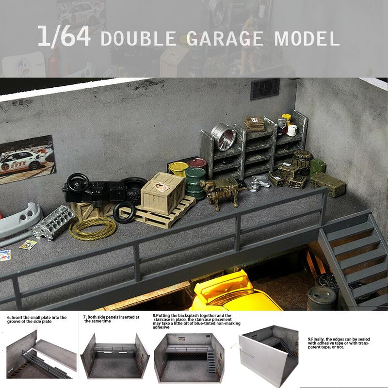 Diorama 1 64 Car Garage Model LED Lighting Double Decker Car Repair Workshop Model Parking Lot Backdrop Display Scene Model Collection Toy Gift