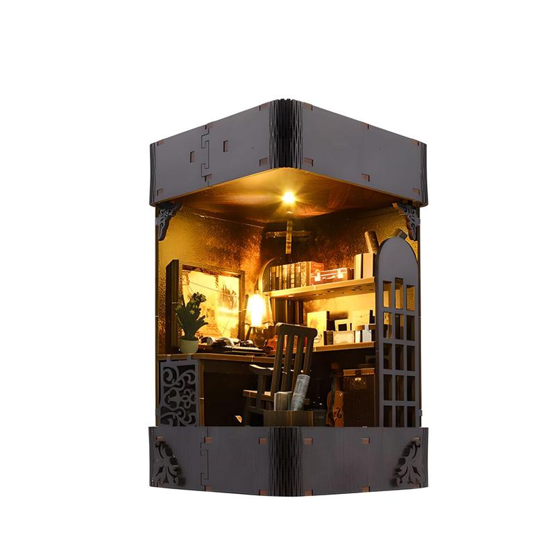 Handmade DIY Book Corner Cabin Set, Miniature Detective Society Puzzle Bookstand, 3D Wooden Bookshelf Decoration, LED Mini House Model Without Glue & AAA Battery, Stocking Fillers Gift