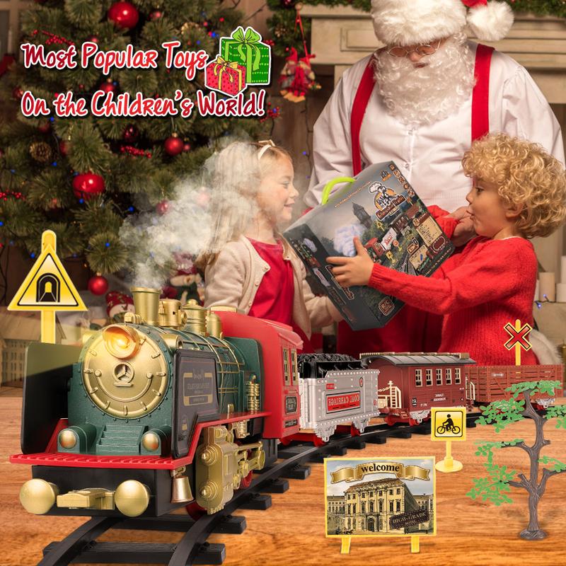 Christmas Electric Train Set w Steam, Sound & Light, Remote Control Train Toys w Steam Locomotive Engine,Toy Train for Kids Boys 3+ Year Old