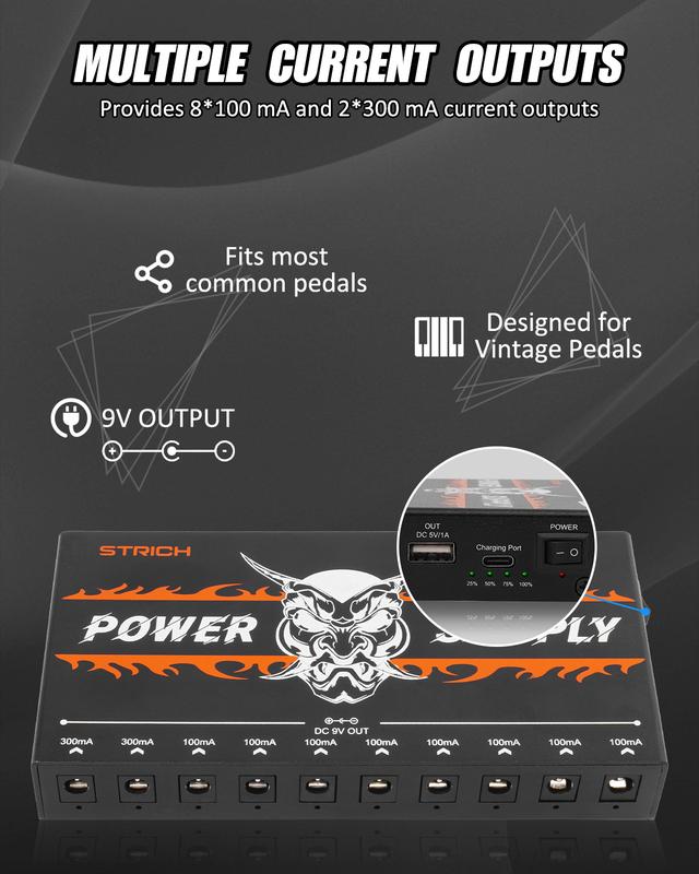 STRICH Rechargeable Guitar Pedal Power Supply, 10000mAh, 10 Outputs DC 9V (2x300mA, 8x100mA), 5V 1A USB Port, Noiseless SPS-40B.