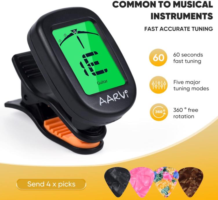 Clip On Guitar Tuner for All Instruments, Acoustic Electric Guitar, Ukulele, Bass, Violin, Banjo, Large Clear LCD Display for Guitar Tuning, Chromatic Tuner, 4 Pack Guitar Picks Included