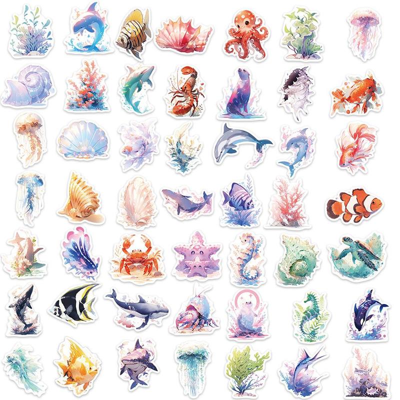 50pcs Cartoon Marine Animal Series Graffiti Stickers, Waterproof Decorative Stickers, DIY Creative Toy Home Decor Stickers