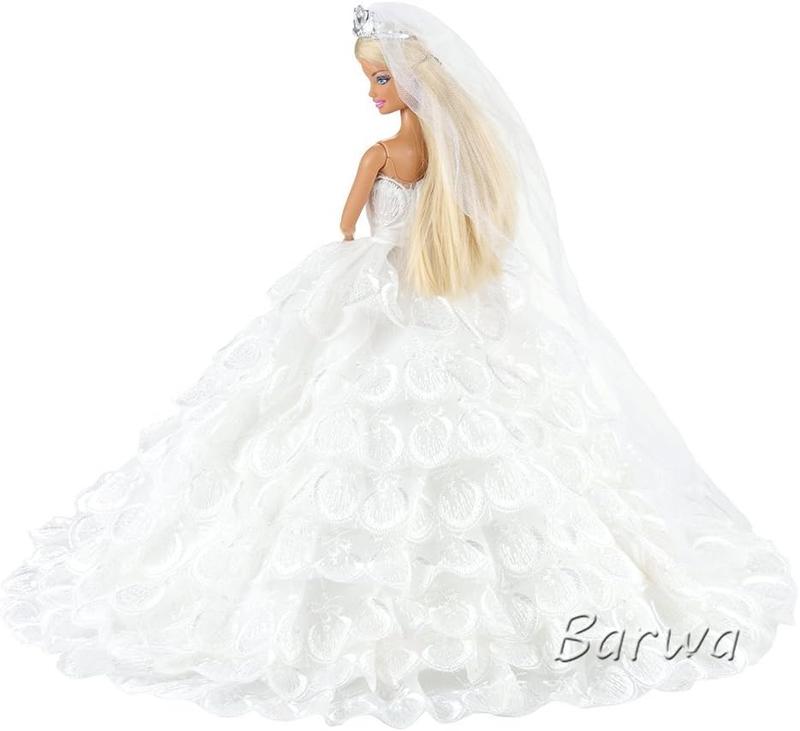 BARWA Wedding Dress Princess Evening Party White Dress Gown with Veil for 11.5 inch Dolls